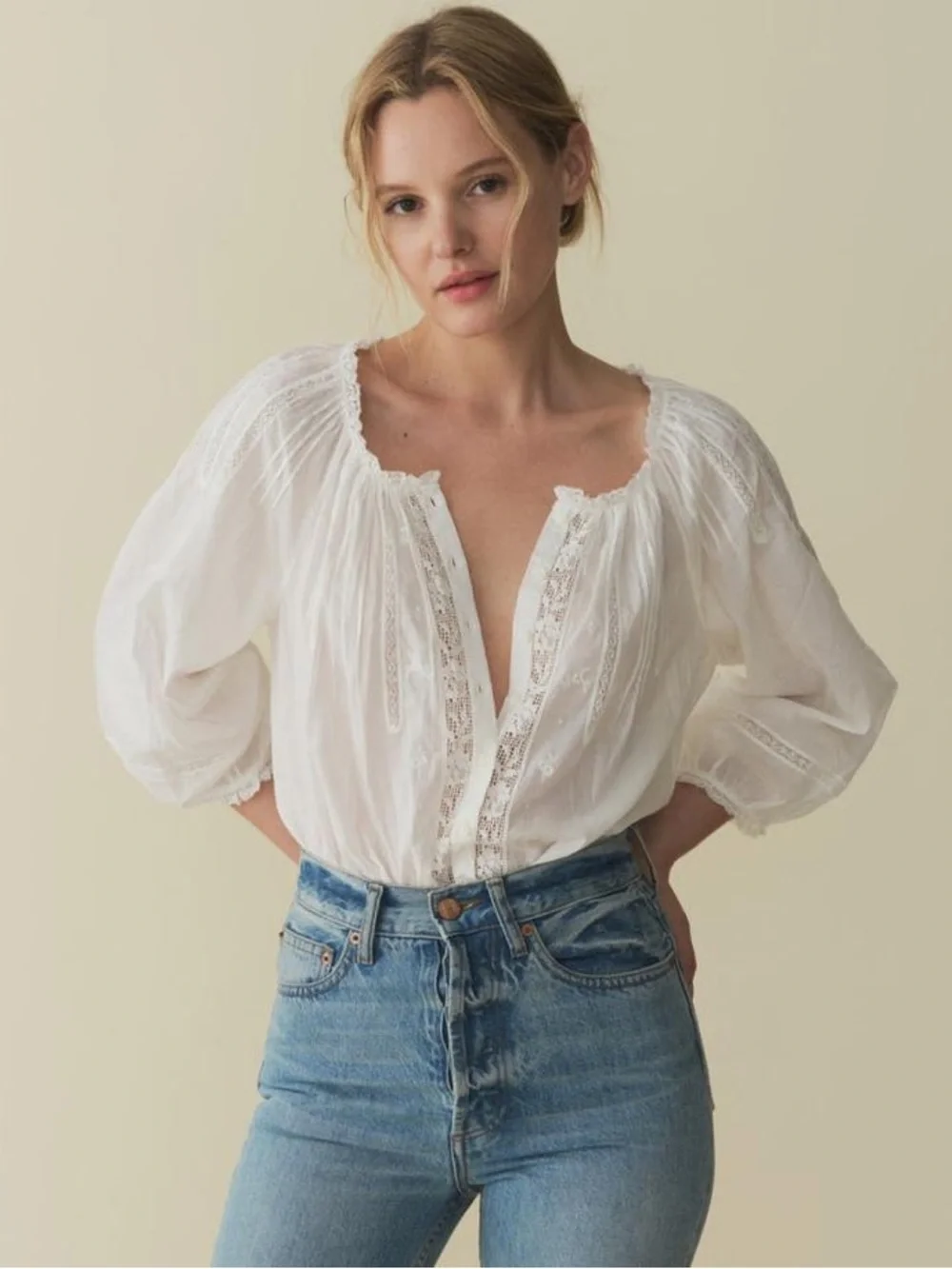 DOEN Abigail Top Women's White Lace-Trim Peasant Blouse - Picture 1 of 9